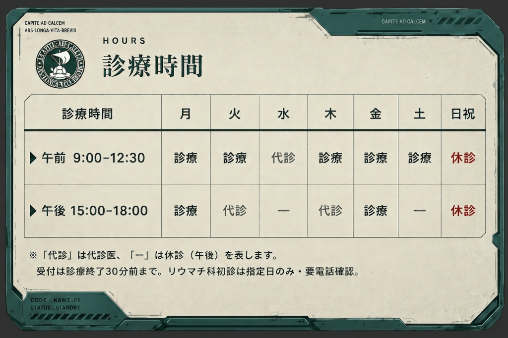 かめいクリニックの診療時間表(豊中市服部元町)